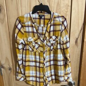 a.n.a Madras Plaid Yellow and Purple V neck Shirt